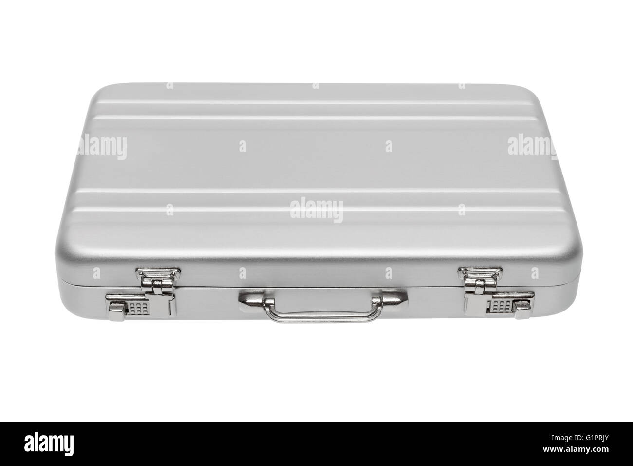 Isolated objects: closed aluminium briefcase, on white background Stock Photo