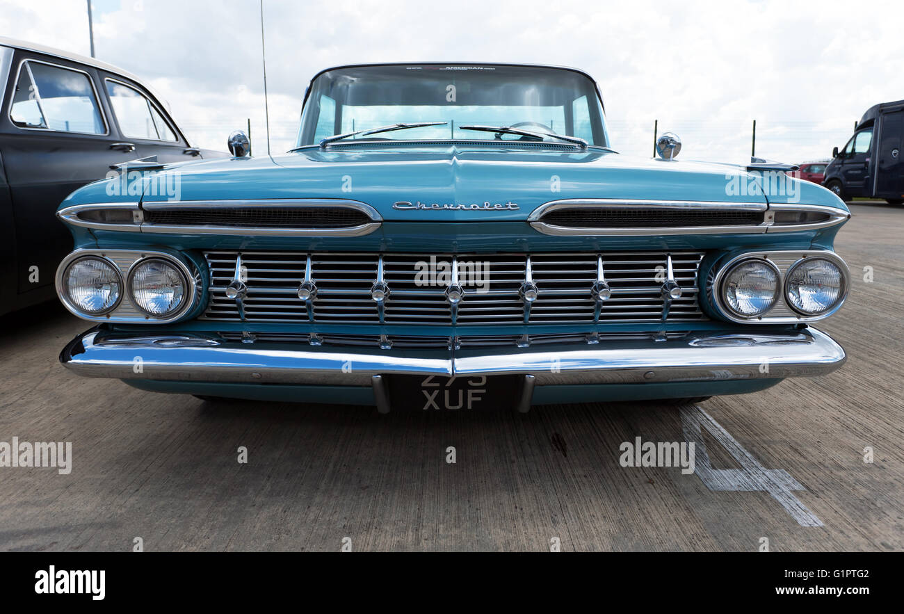 Front  view of a 1959 American Chevrolet  El Camino on static display during the Silverstone Classic Media Day 2016. Stock Photo