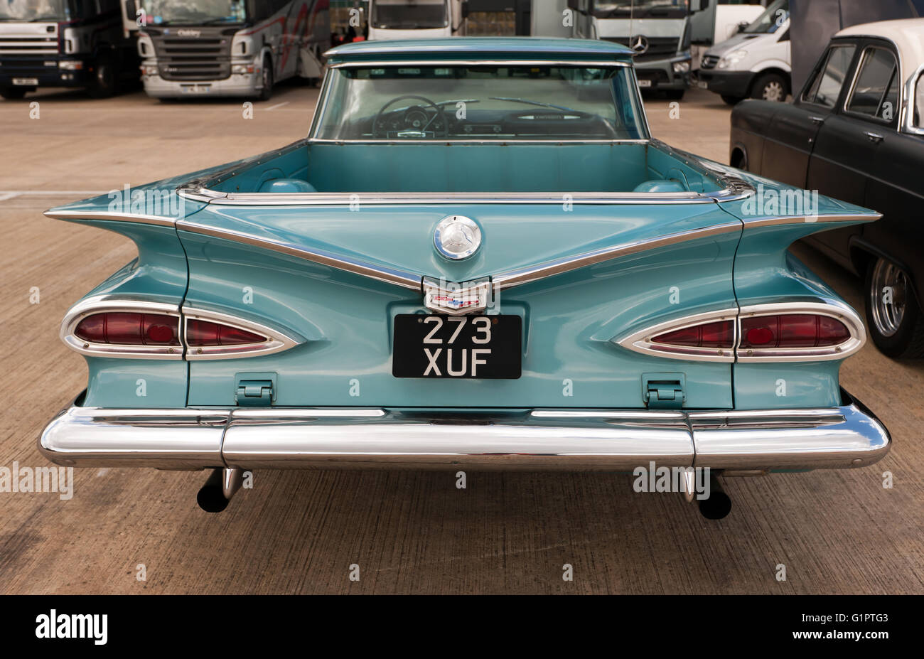 Rear view of a 1959 American Chevrolet  El Camino on static display during the Silverstone Classic Media Day 2016. Stock Photo