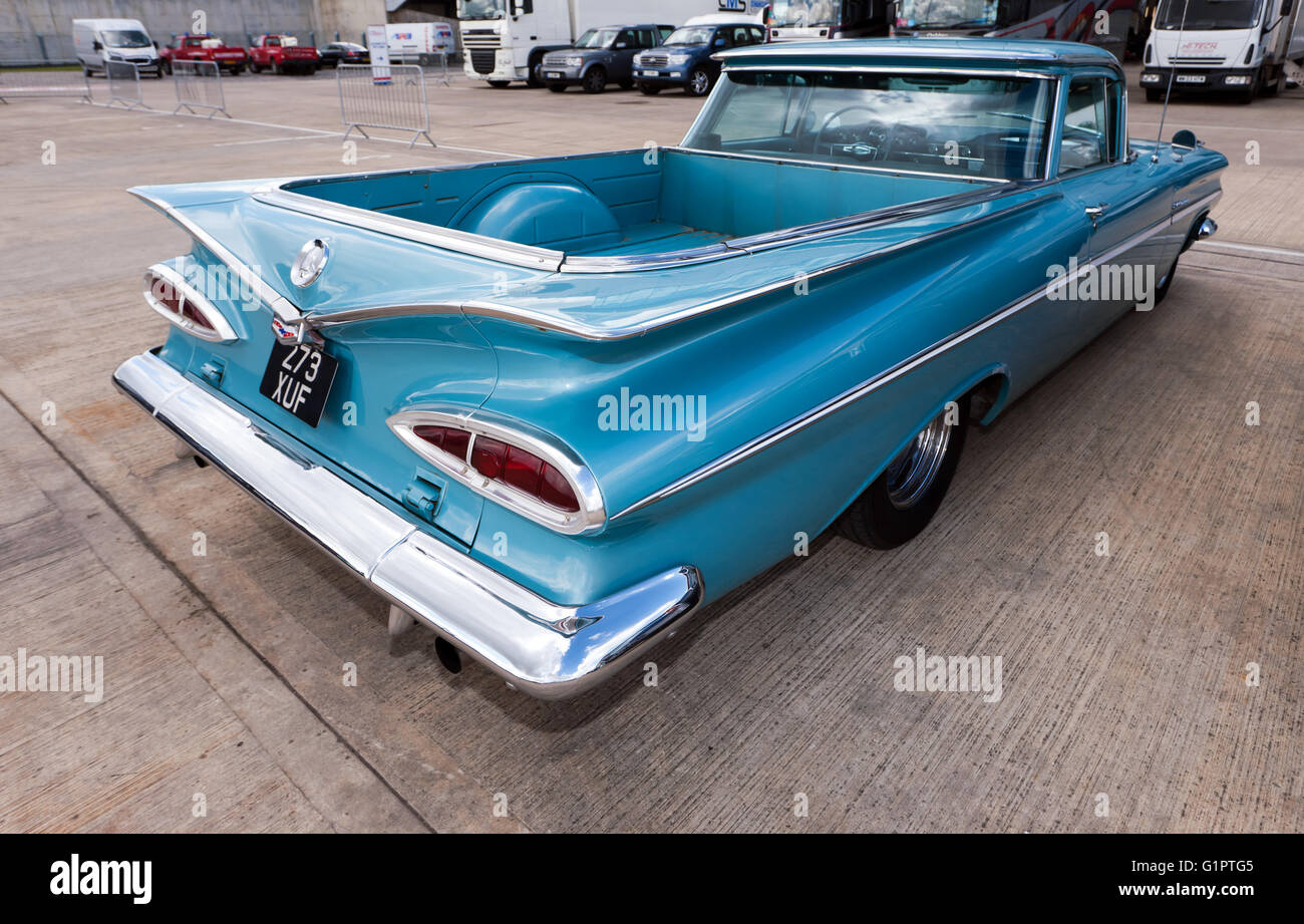 Three-quarter rear view of a 1959 American Chevrolet  El Camino on static display during the Silverstone Classic Media Day 2016. Stock Photo
