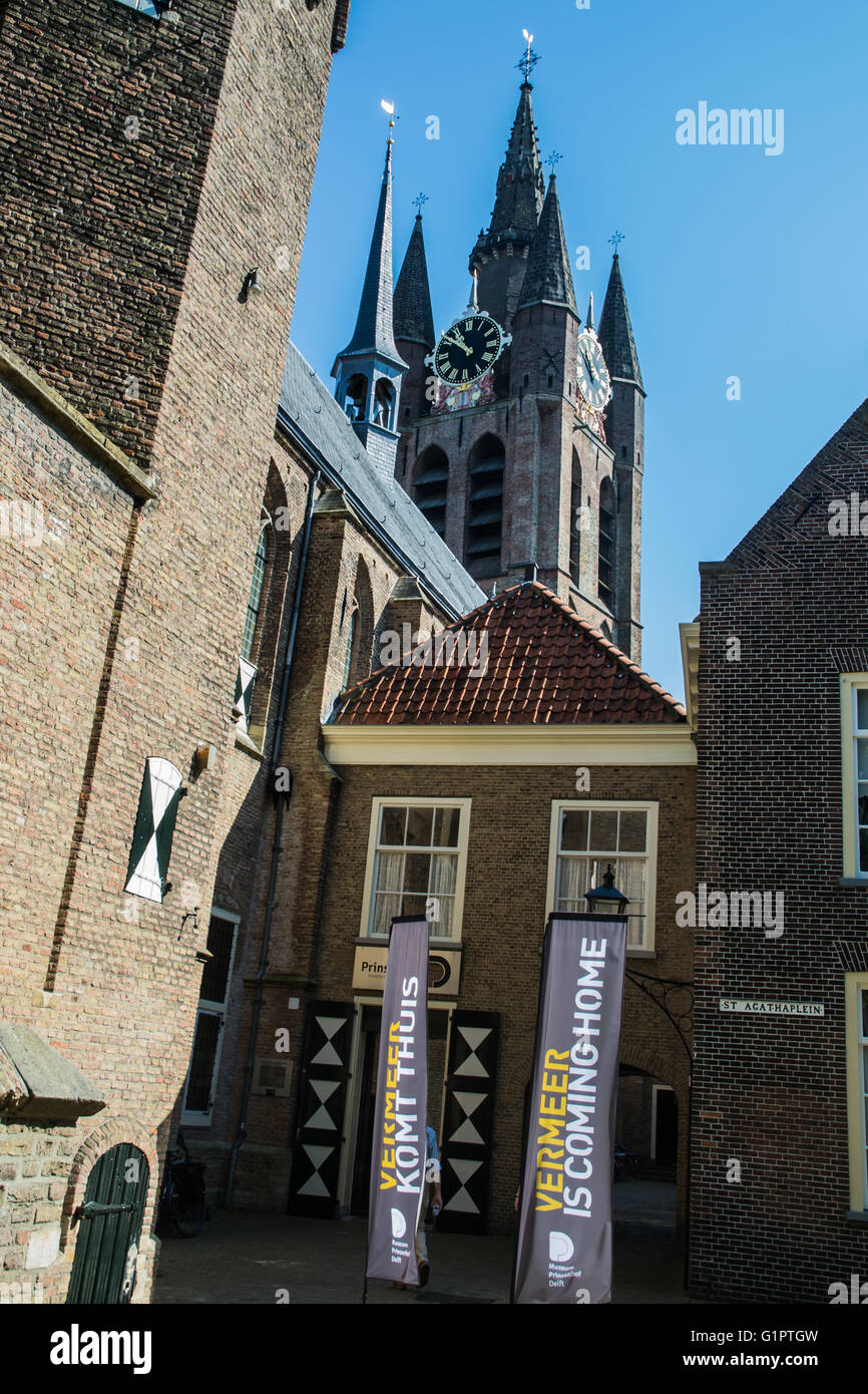 Vermeer is coming home exhibition building with the Oude Kerk in the background Stock Photo