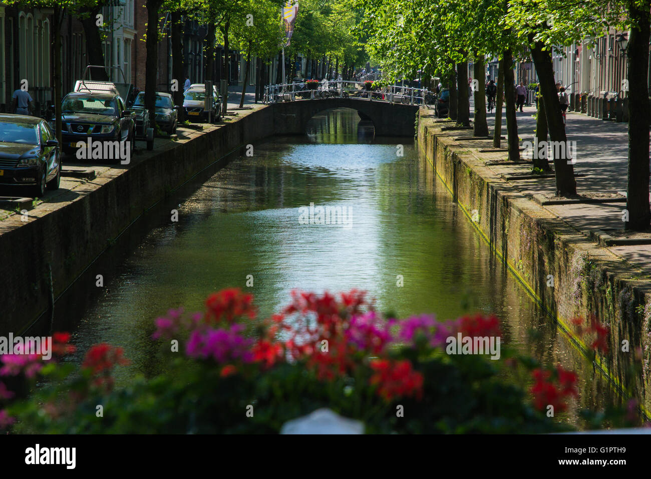View down a Dutch canal in Delft Stock Photo