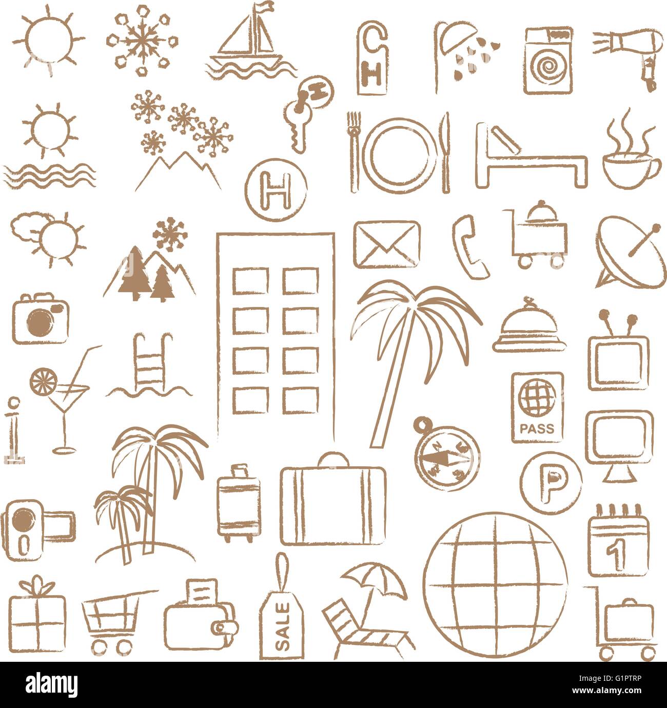 Hand drawn hotel and tourism related symbols Stock Vector