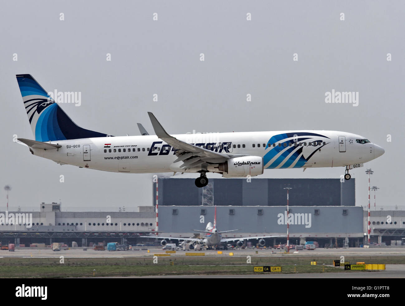 Egyptair Boeing 737 Next Gen, at Malpensa airport, Milan, Italy Stock Photo