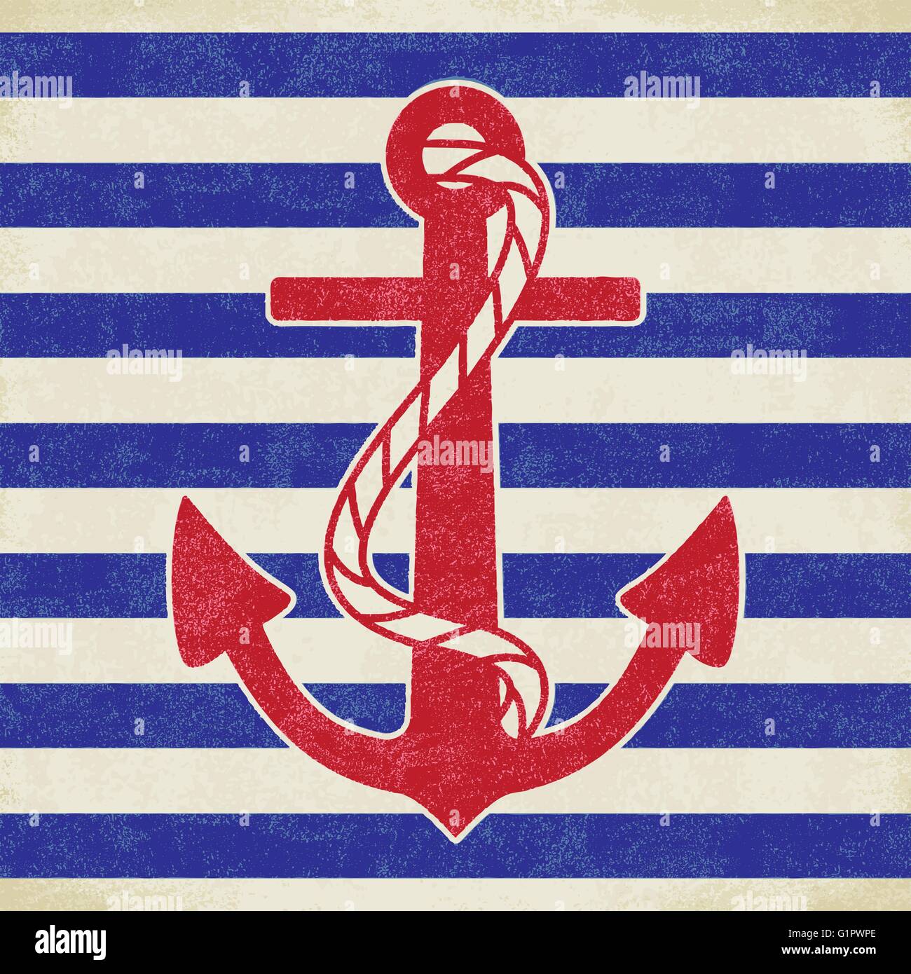 Vintage anchor on white and blue sailor stripes Stock Vector