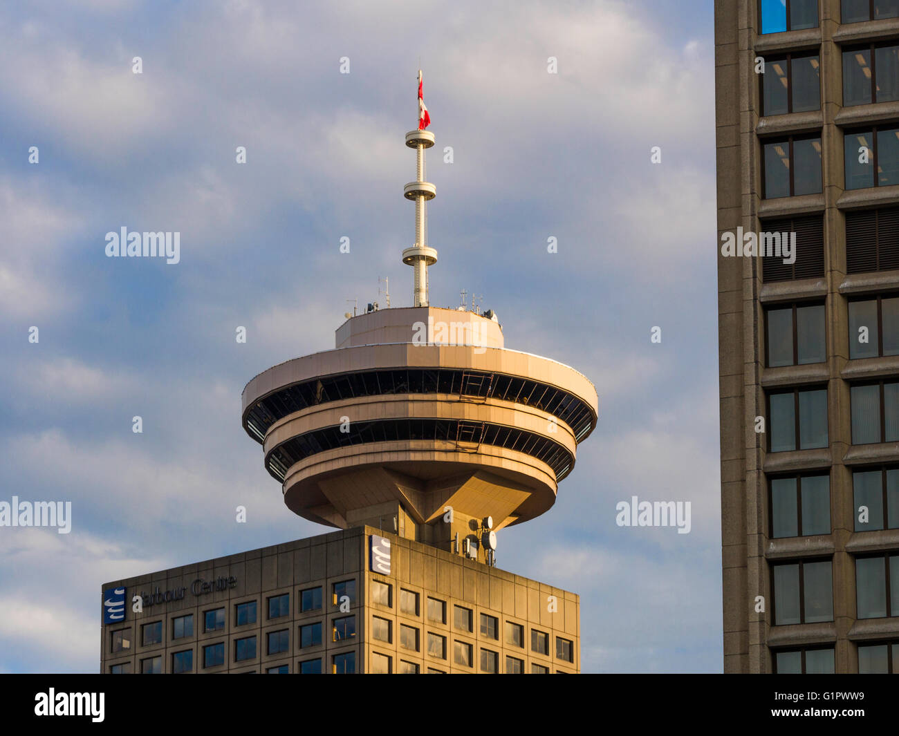Harbour Centre 'lookout' tower (1977) is a prominent landmark in Vancouver BC, Canada. Contains a revolving restaurant and viewing deck Stock Photo