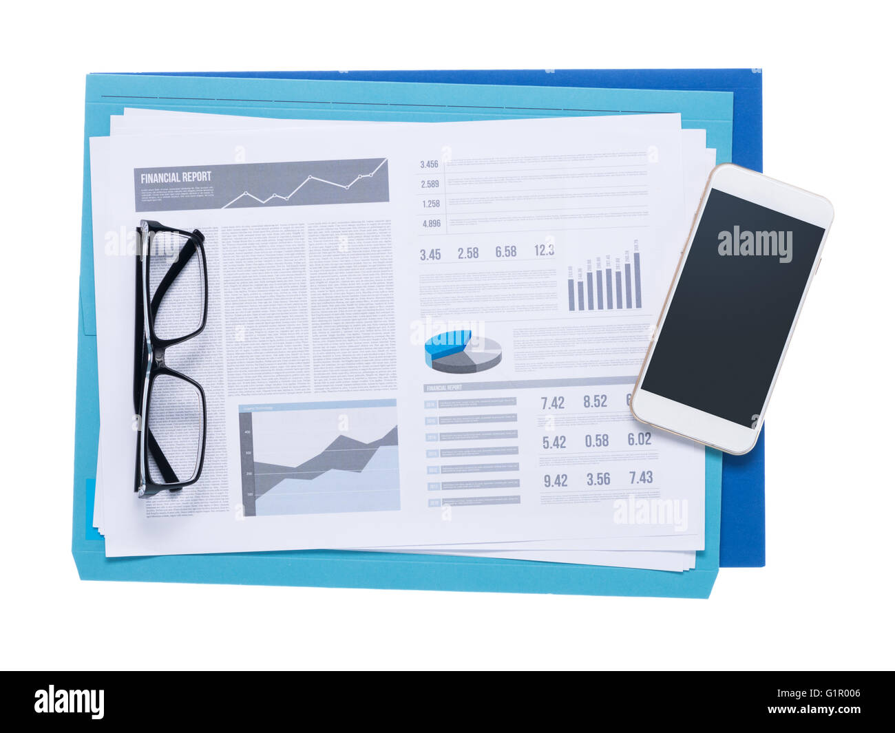 Smart phone, files, financial reports and glasses on white background, accounting and management concept Stock Photo