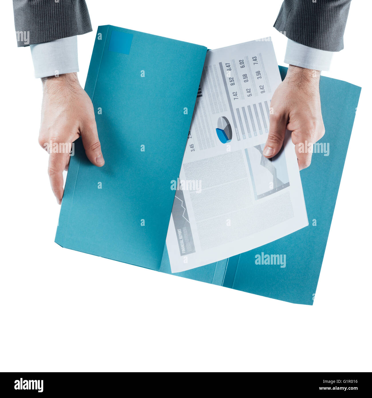 Businessman holding a financial report in a folder, hands close up, top view Stock Photo