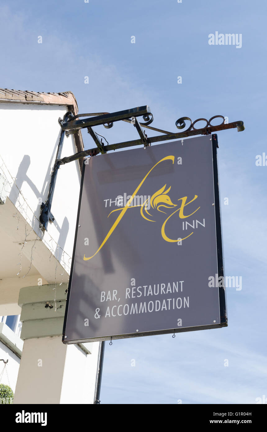 Sign for The Fox Inn hotel and restaurant in Much Wenlock, Shropshire