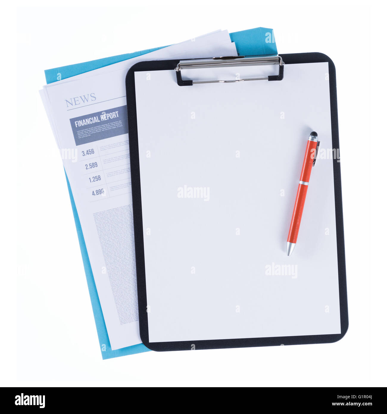 Clipboard with pen and blank sheet over a file and a financial report on white background, finance and accounting concept Stock Photo