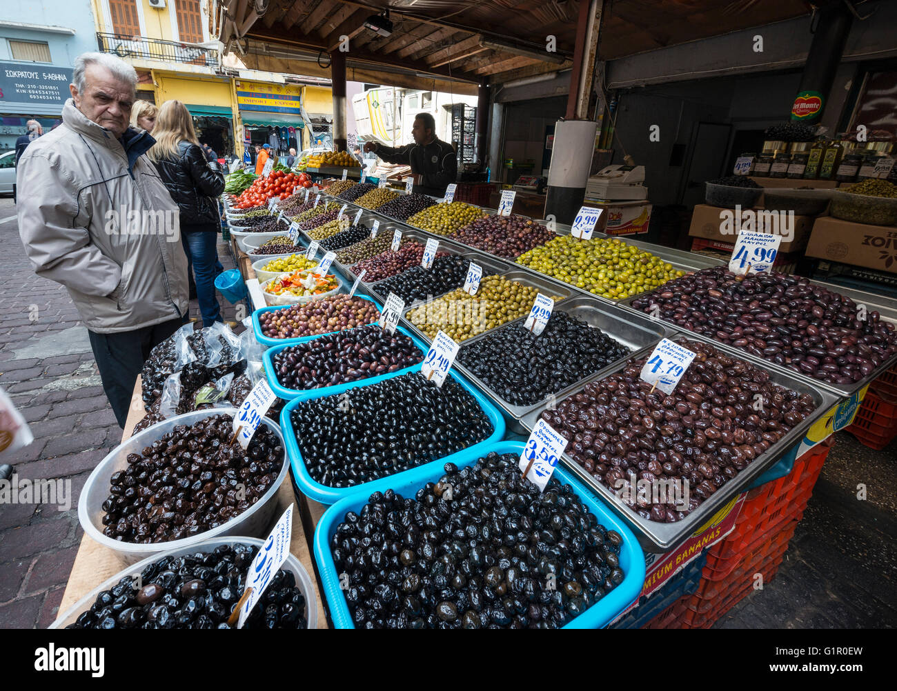 A huge variety of Greek olives for sale at the fruit and vegetable ...