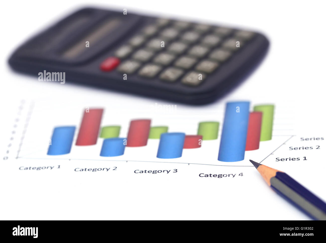 Graph with pencil and calculator over white background Stock Photo