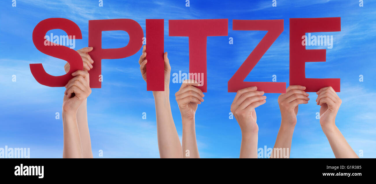 People Holding Straight German Word Spitze Means Super Blue Sky Stock