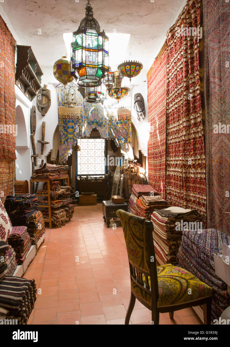 Antiques dealer and souvenirs shop indoors, Tangier, Morocco Stock Photo