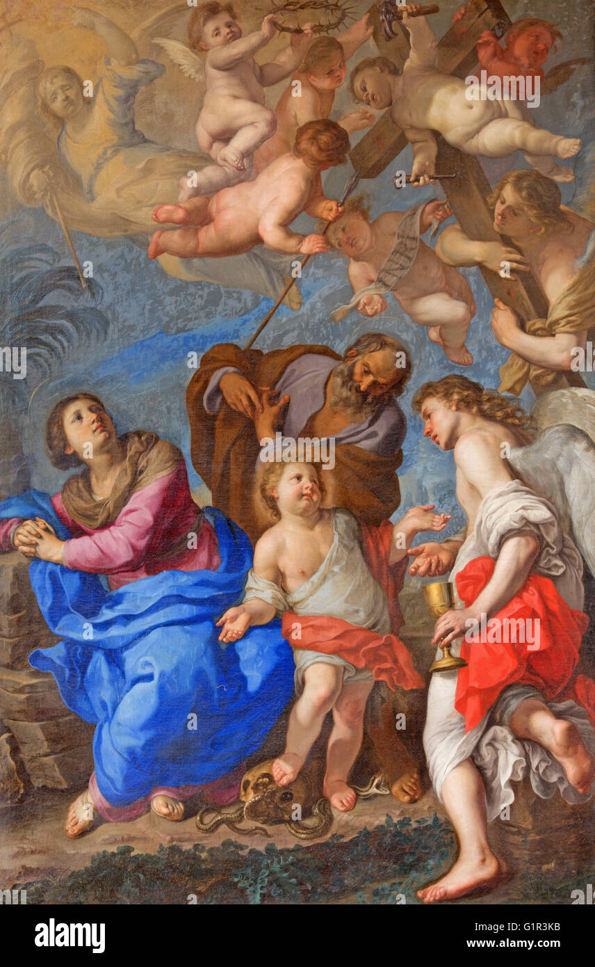 ROME, ITALY - MARCH 9, 2016: The Holy Family with angels and symbols of the passion by Bernardino Mei (1659) Stock Photo