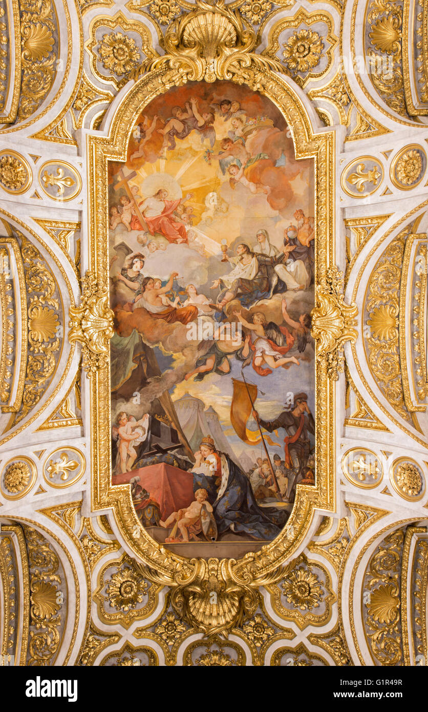 ROME, ITALY - MARCH 9, 2016: The Apotheosis of St Louis vault fresco (1756) by Charles Joseph Natoire Stock Photo