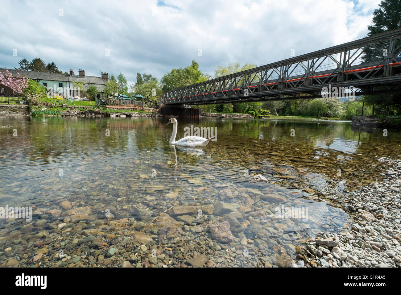 The new Pooley Bridge has replaced the old stone bridge which was washed away in the floods of 2015. Stock Photo