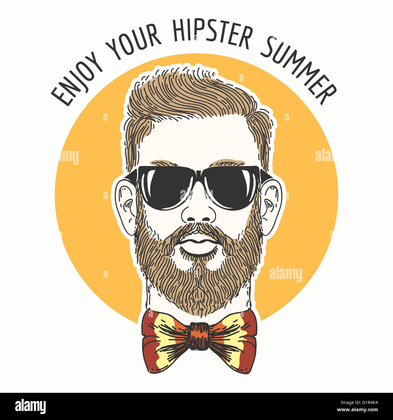 Hipster face with hair glasses, mustache and colorful bowtie against sun circle and wording Enjoy Your Hipster Summer. Stock Vector