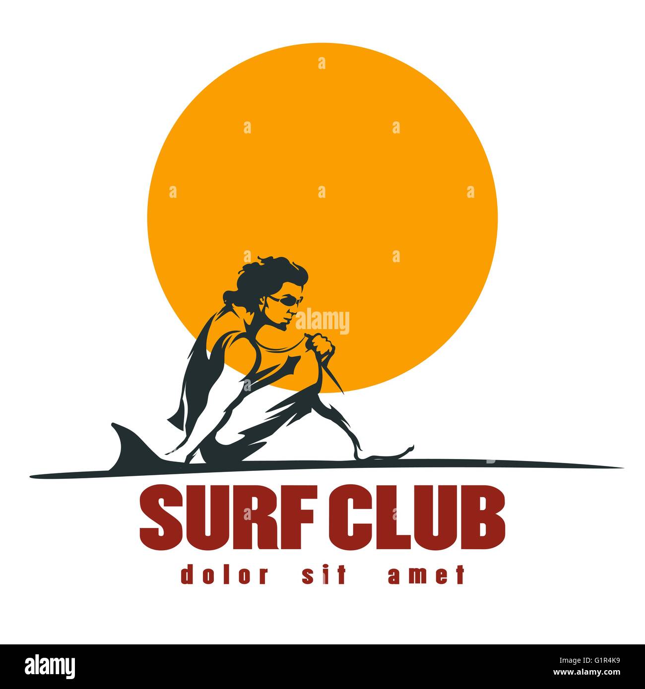 Young man on the beach with surfboard. Surf club Label or emblem. Isolated on white. Stock Vector