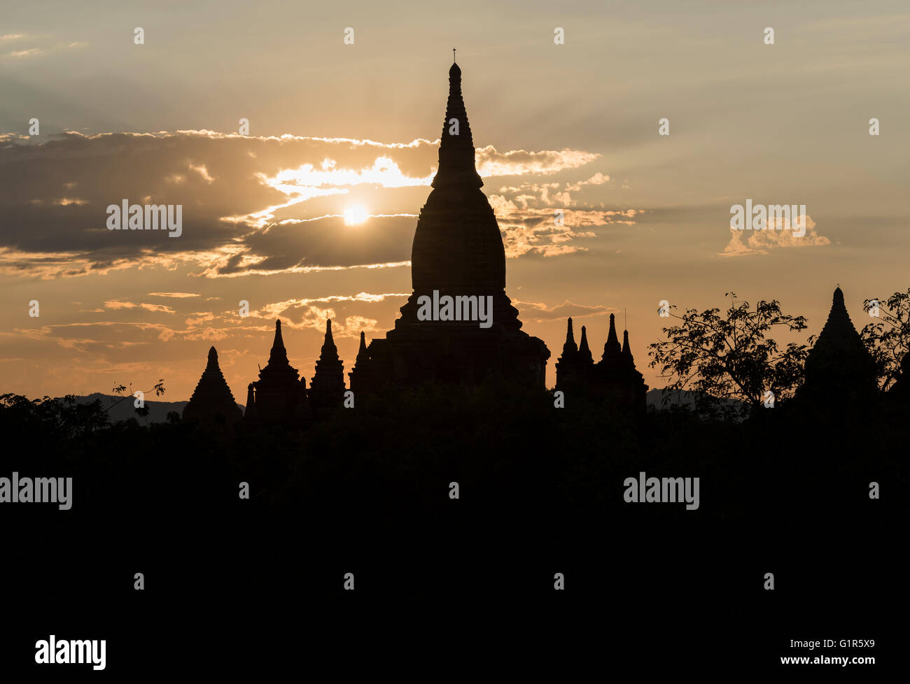 Sunset over temples of Bagan, Burma - Myanmar Stock Photo