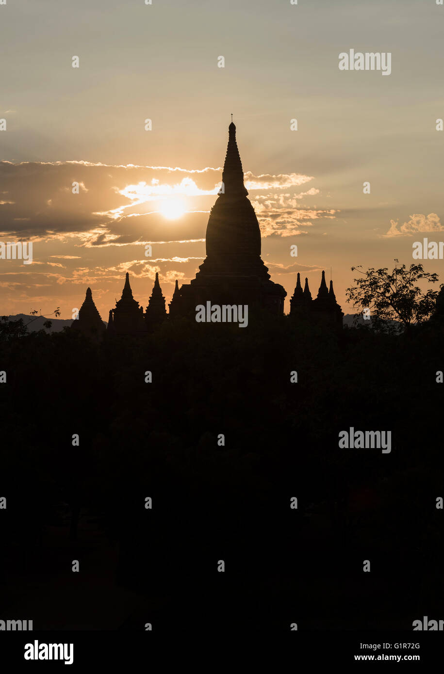Sunset over temples of Bagan, Burma - Myanmar Stock Photo