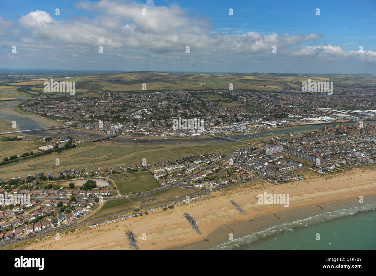 An aerial view of Shoreham beach on the Sussex coast Stock Photo