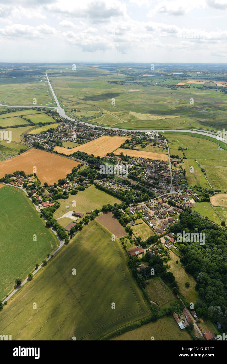 An aerial view of the village of Reedham and the surrounding countryside of the Norfolk Broads Stock Photo