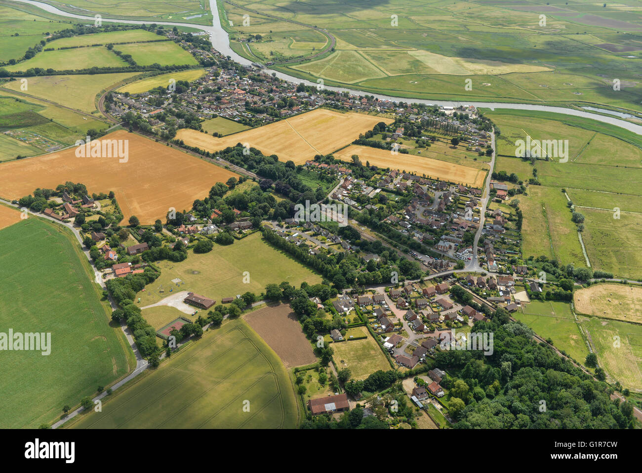 An aerial view of the village of Reedham and the surrounding countryside of the Norfolk Broads Stock Photo