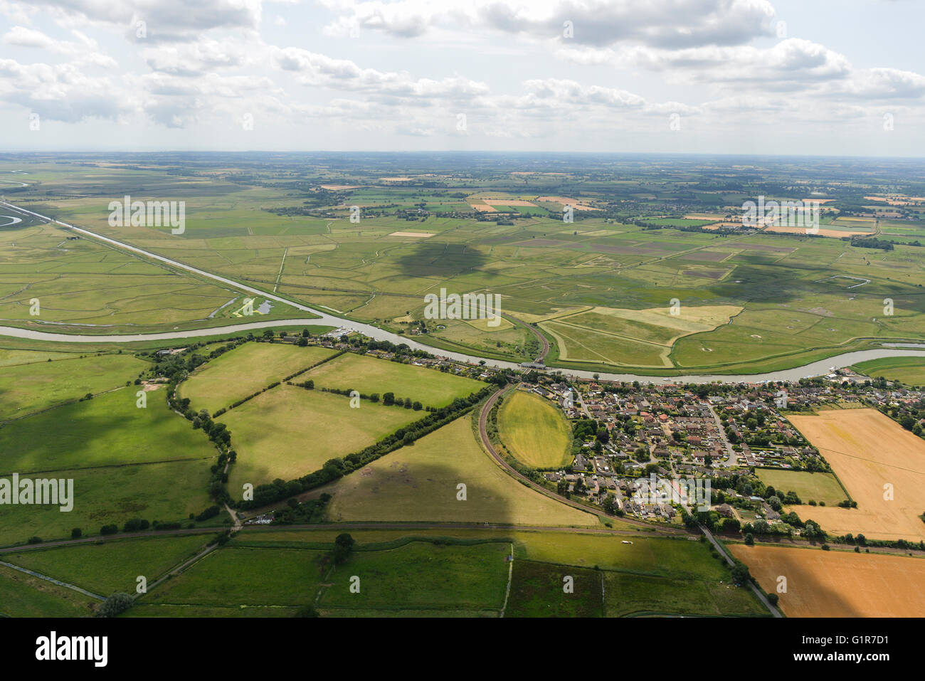 An aerial view of the village of Reedham and the surrounding countryside of the Norfolk Broads Stock Photo