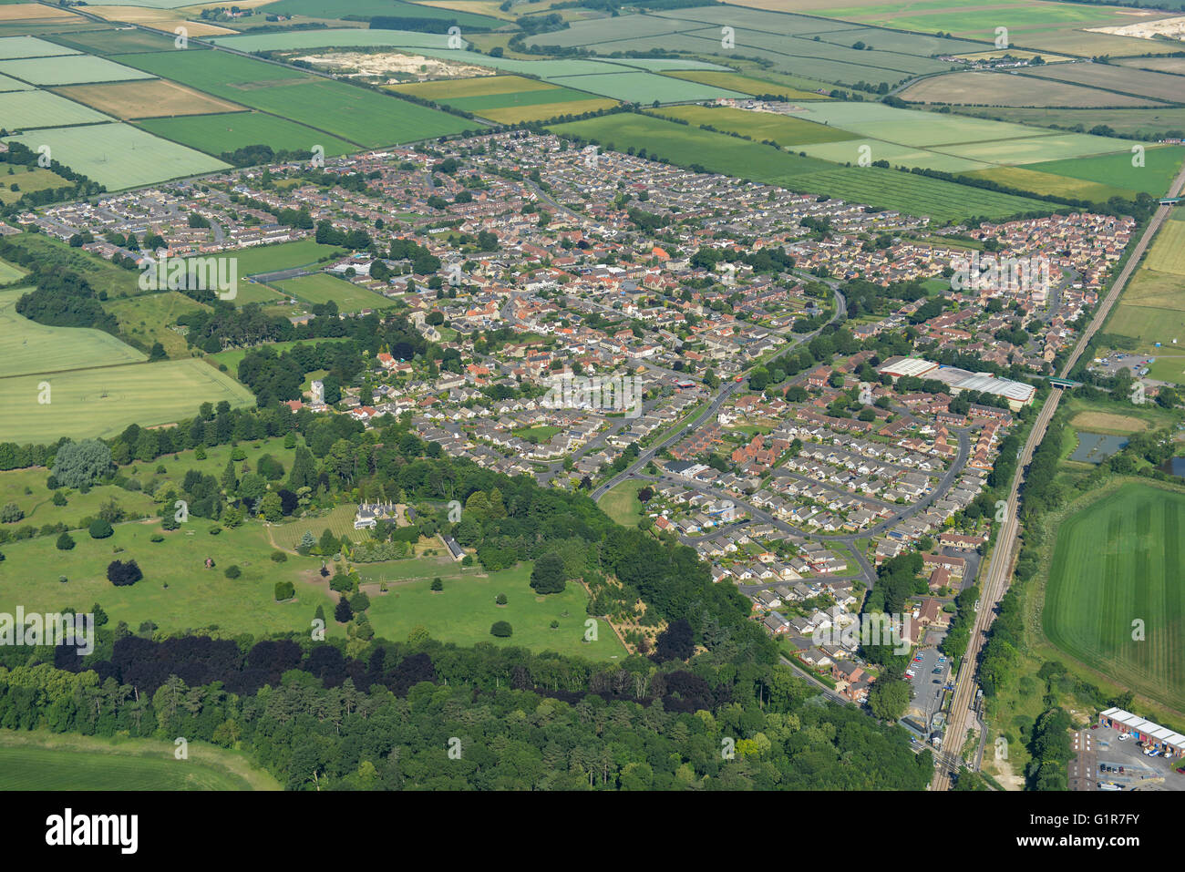 An aerial view of the Lincolnshire village of Metheringham and surrounding countryside Stock Photo