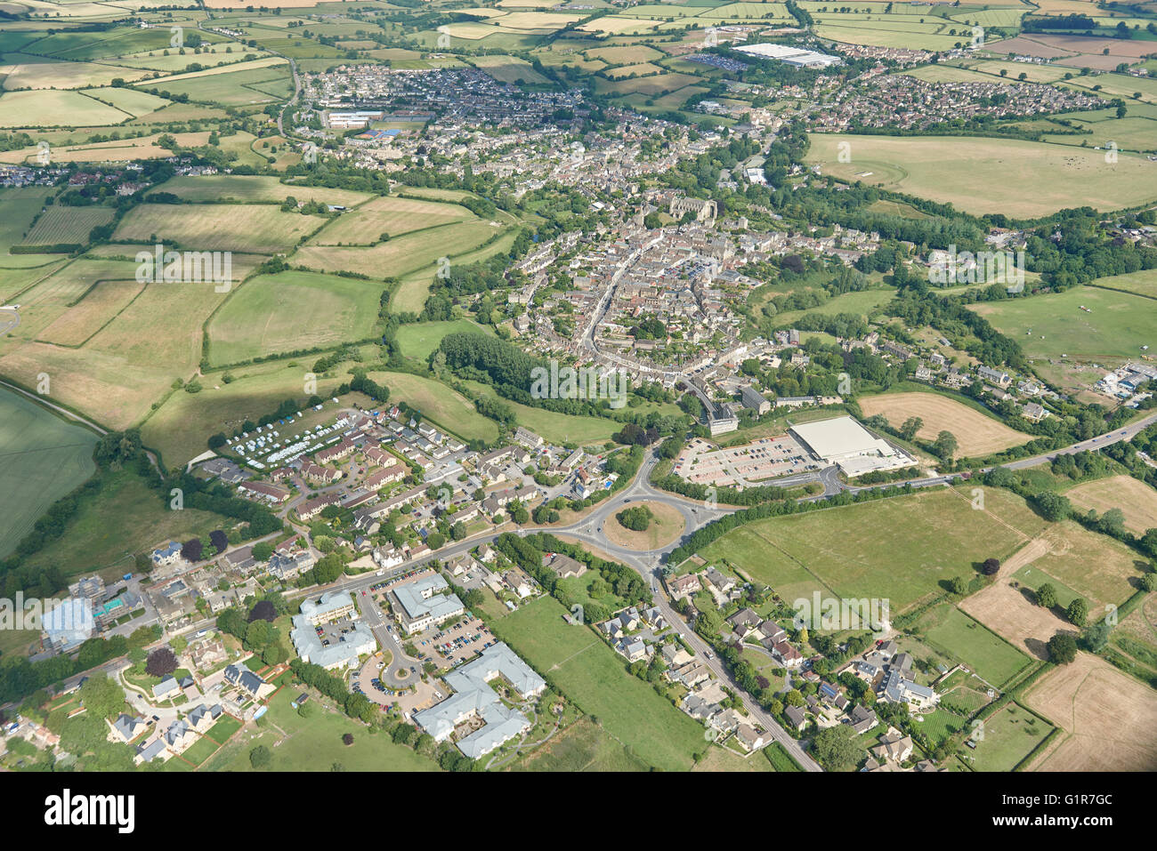 A wide aerial view showing the whole of the market town of Malmesbury