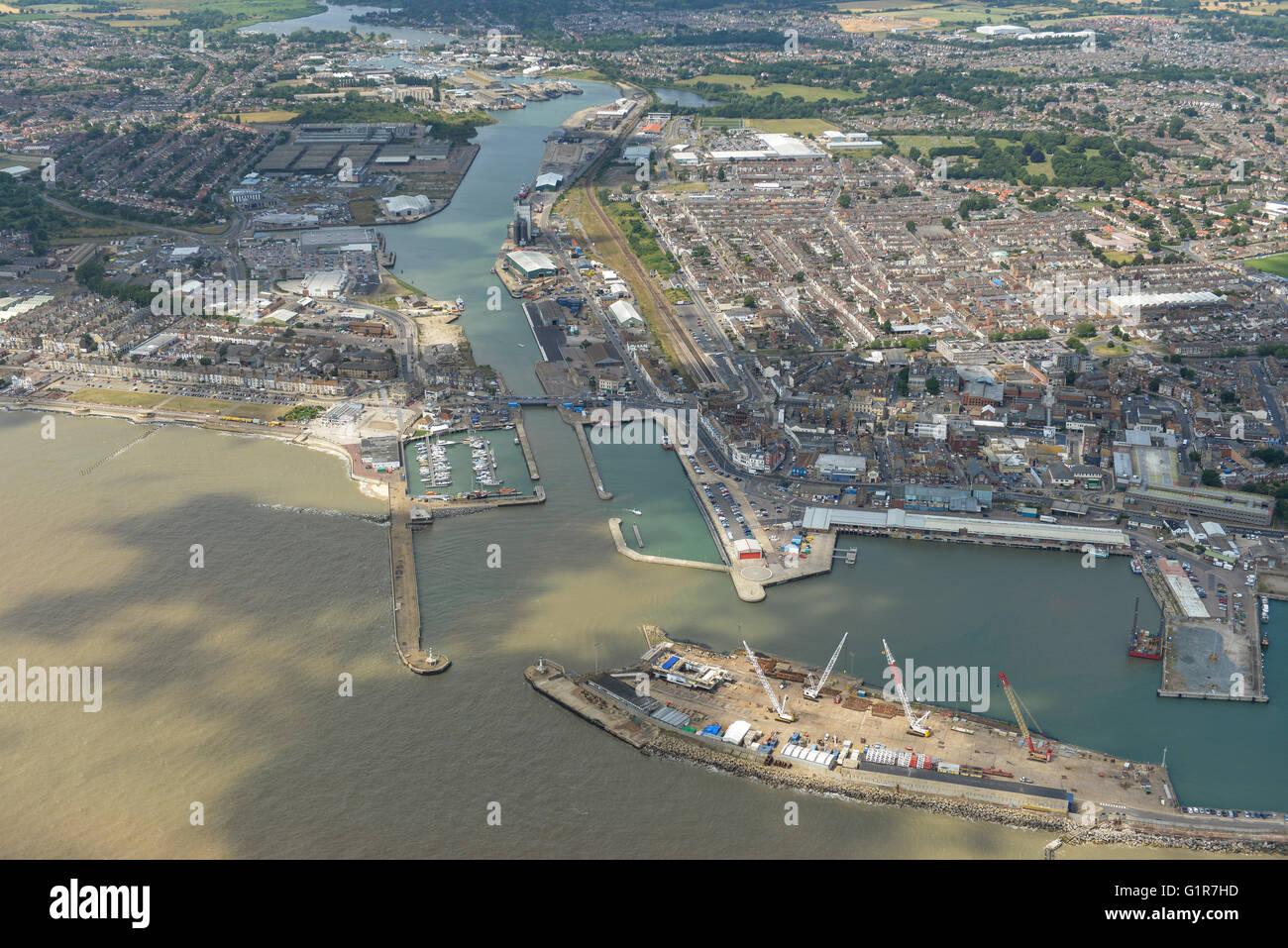 An aerial view of the Docks and Waveney Estuary in Lowestoft, Suffolk Stock Photo