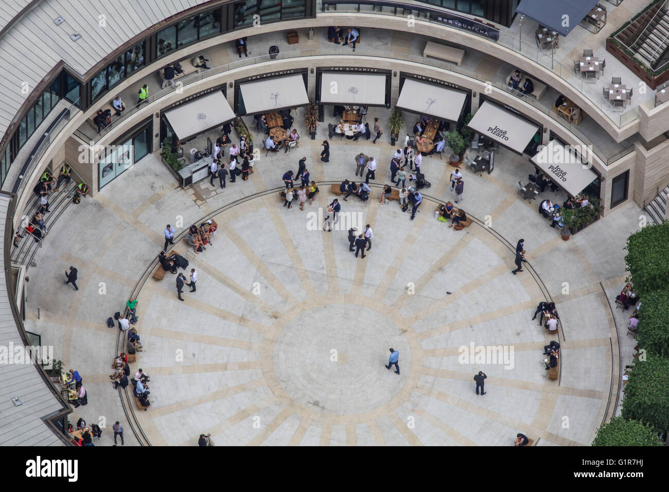 A close up aerial view of Broadgate Circle in the City of London Stock