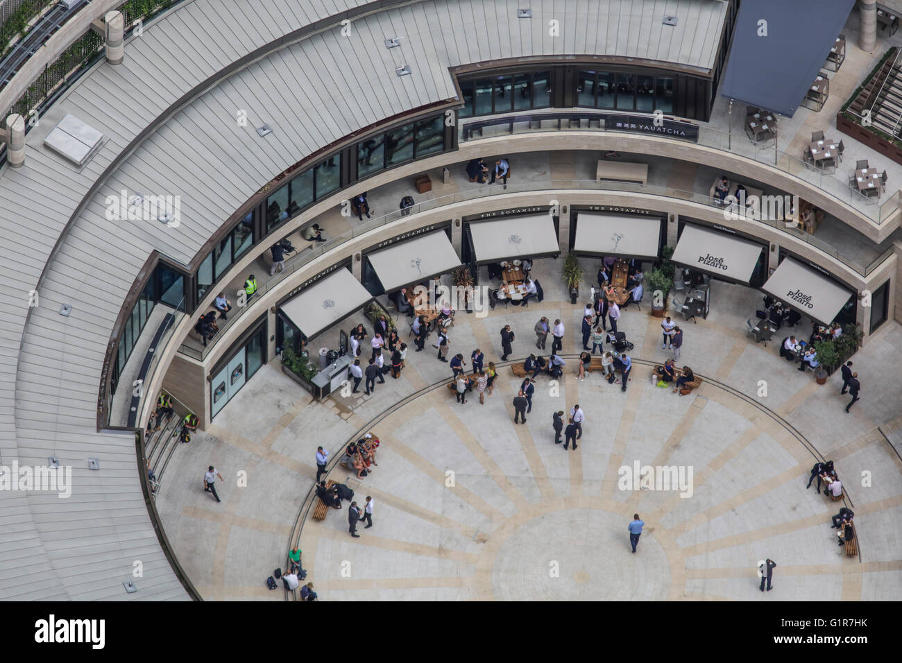 A close up aerial view of Broadgate Circle in the City of London Stock
