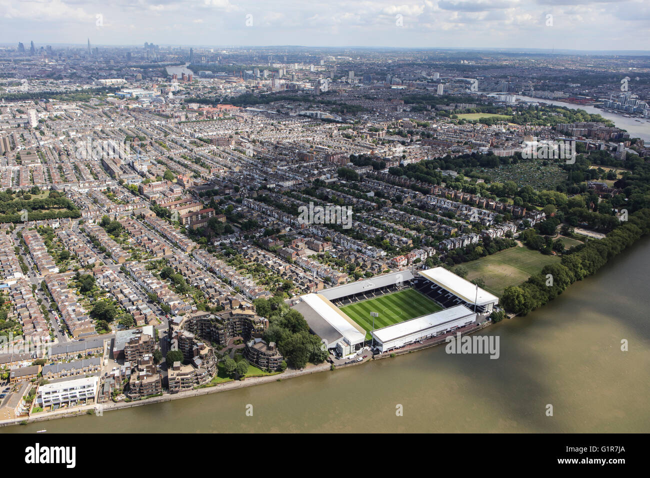 An aerial view of Craven Cottage, home of Fulham Football Club Stock Photo