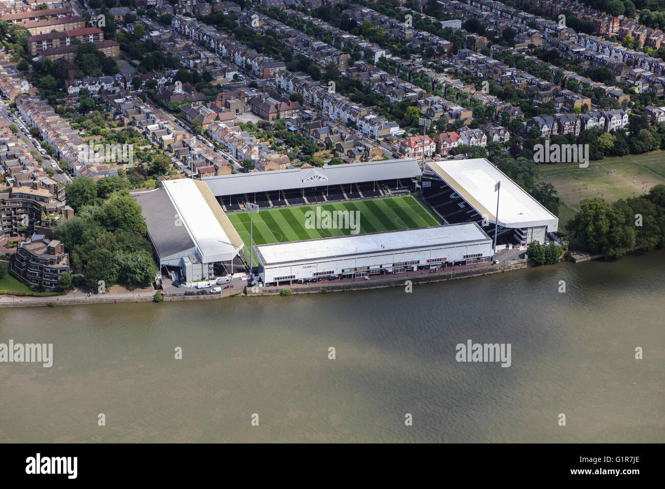 An aerial view of Craven Cottage, home of Fulham Football Club Stock Photo
