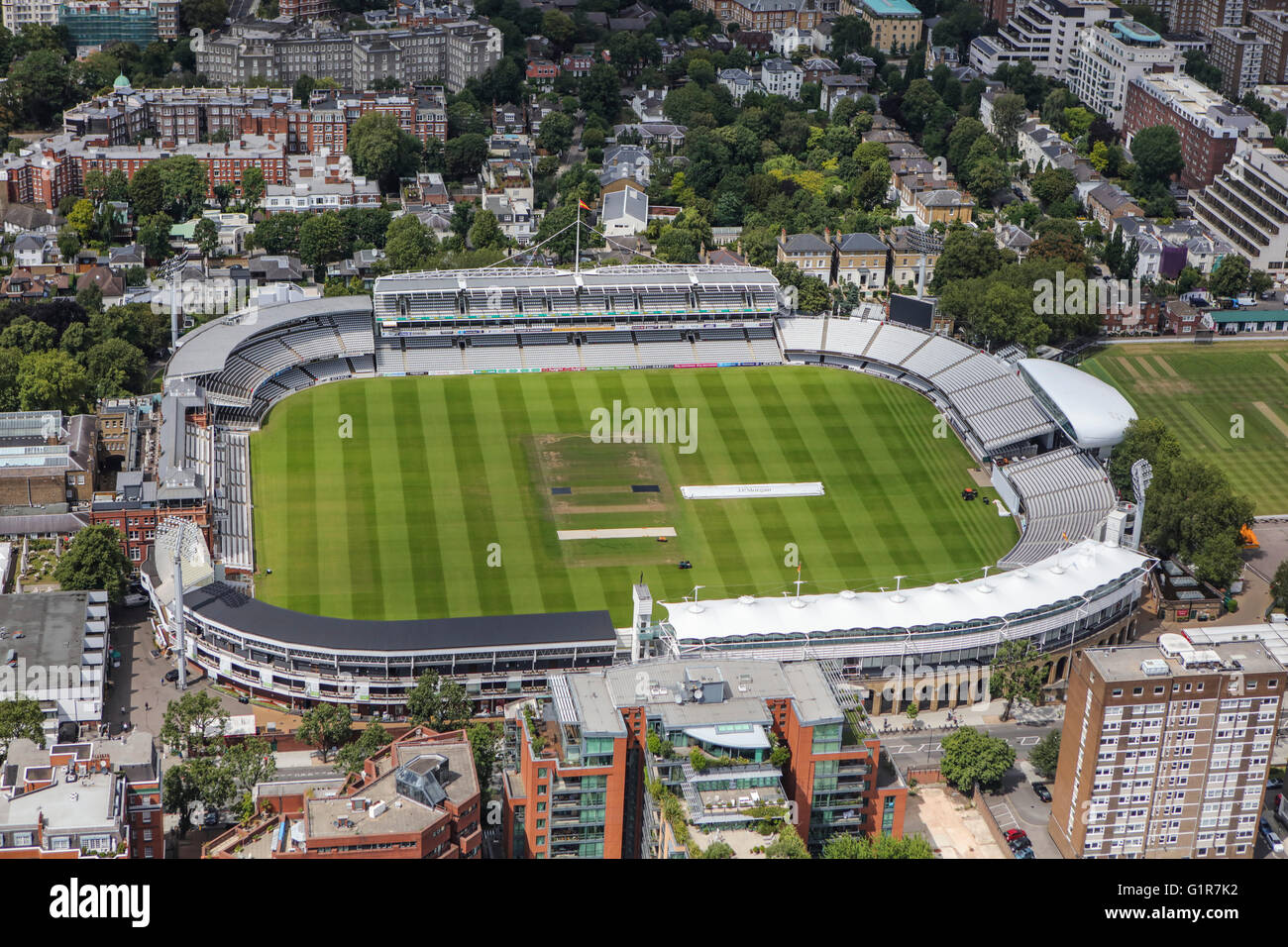 An aerial view of Lord's Cricket Ground, St Johns Wood, London. Home of the MCC Stock Photo