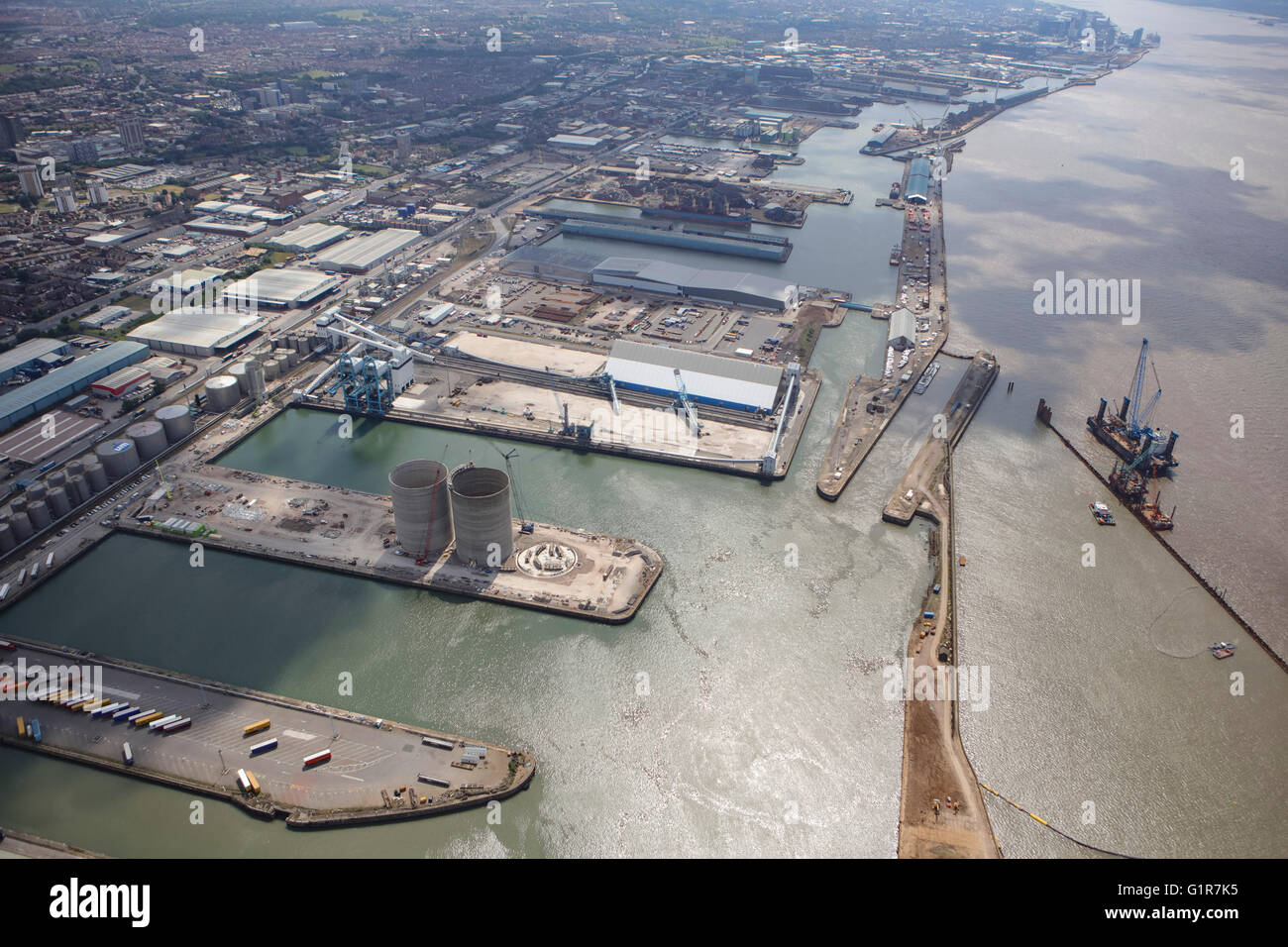 An aerial view of the Seaforth Docks, Port of Liverpool Stock Photo