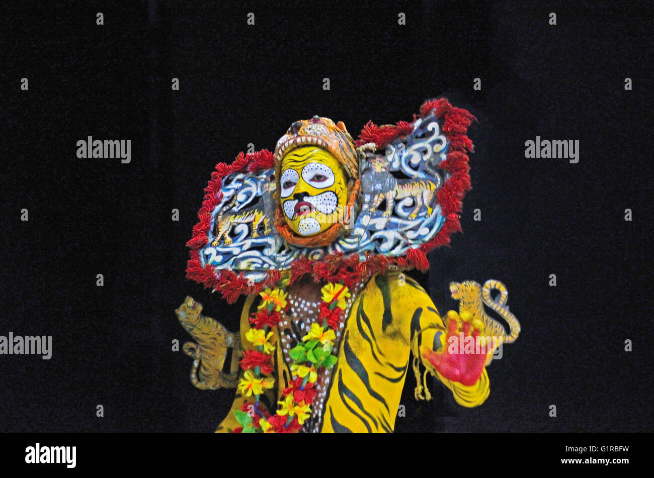 Tiger Mask Dance performed by local tribals of Simlipal Tiger Reserve forest in an auditorium in Kolkata, West Bengal, India Stock Photo