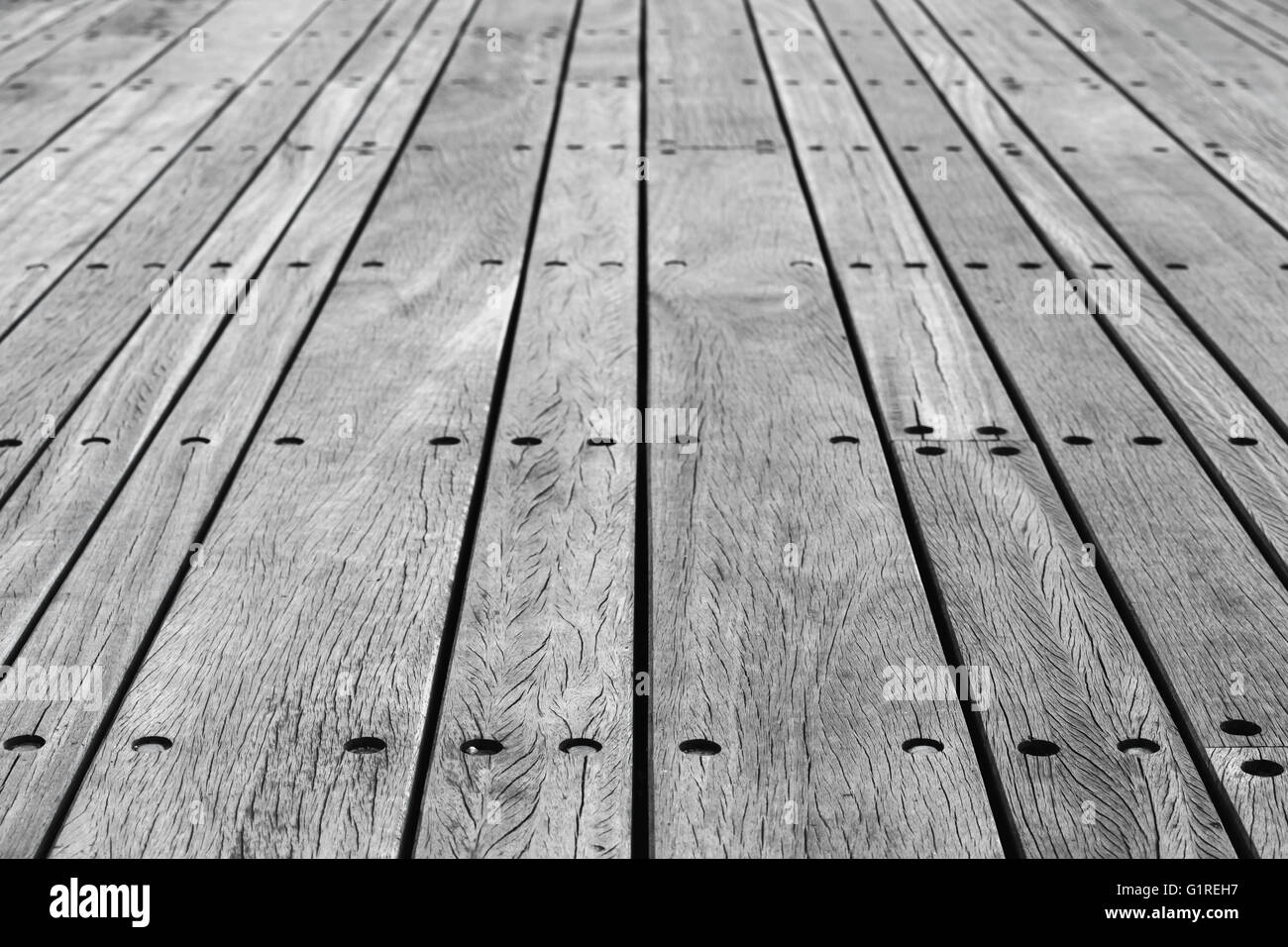 Gray wooden floor made of boards with bolts, background photo with perspective effect and selective focus Stock Photo
