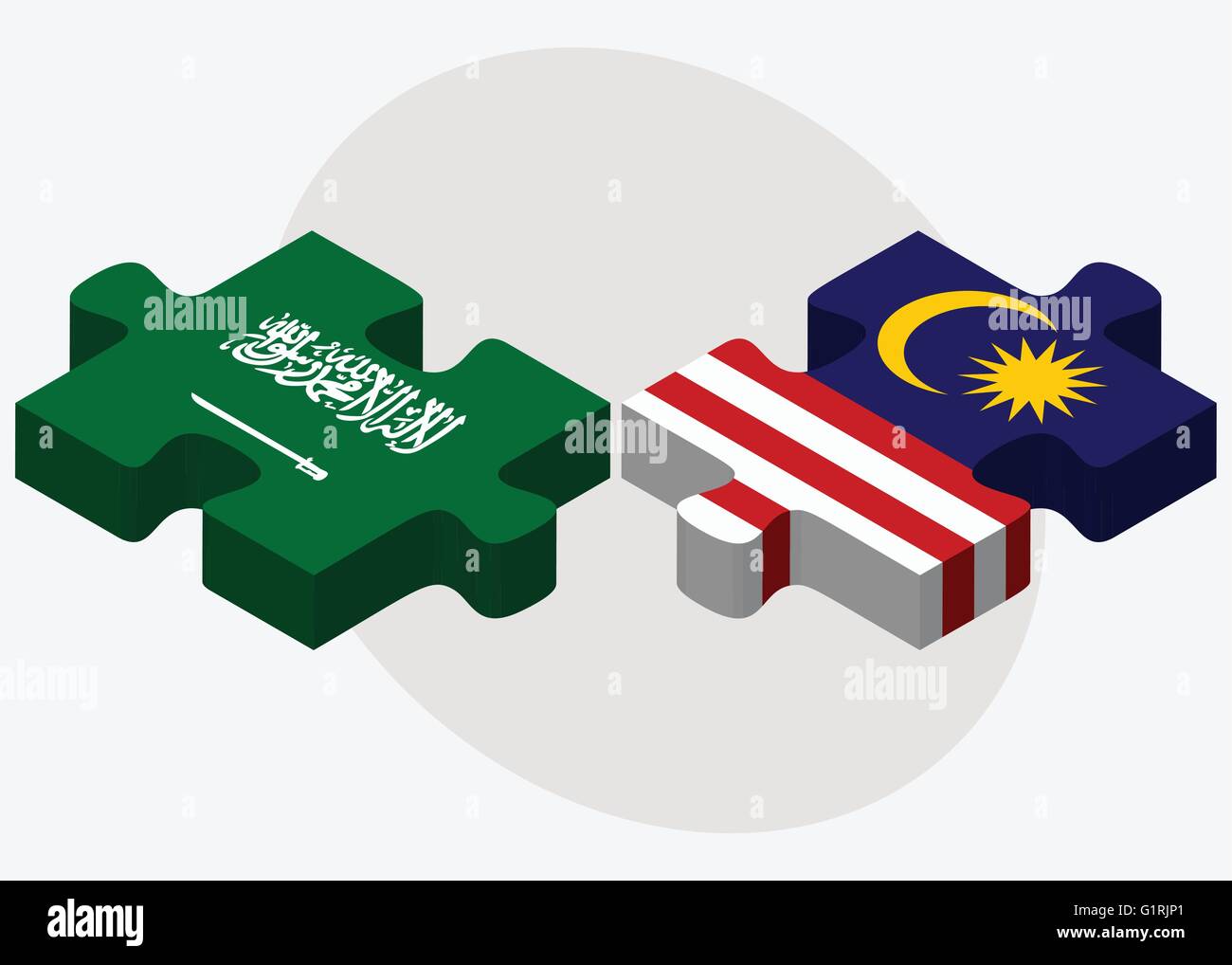 Saudi Arabia and Malaysia Flags in puzzle isolated on white background Stock Vector