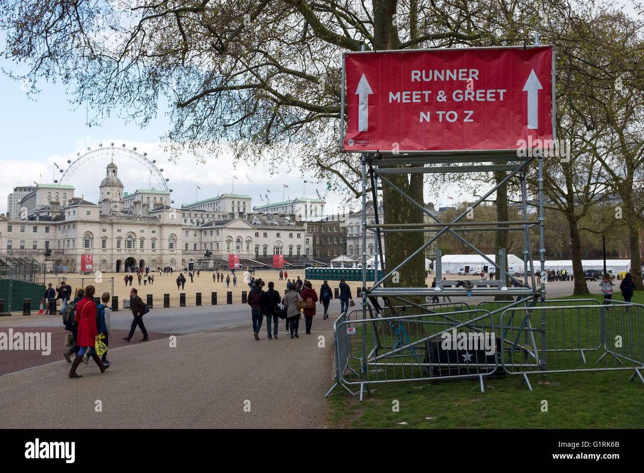 Finish line preparations under way the day before the 2016 London Marathon Stock Photo