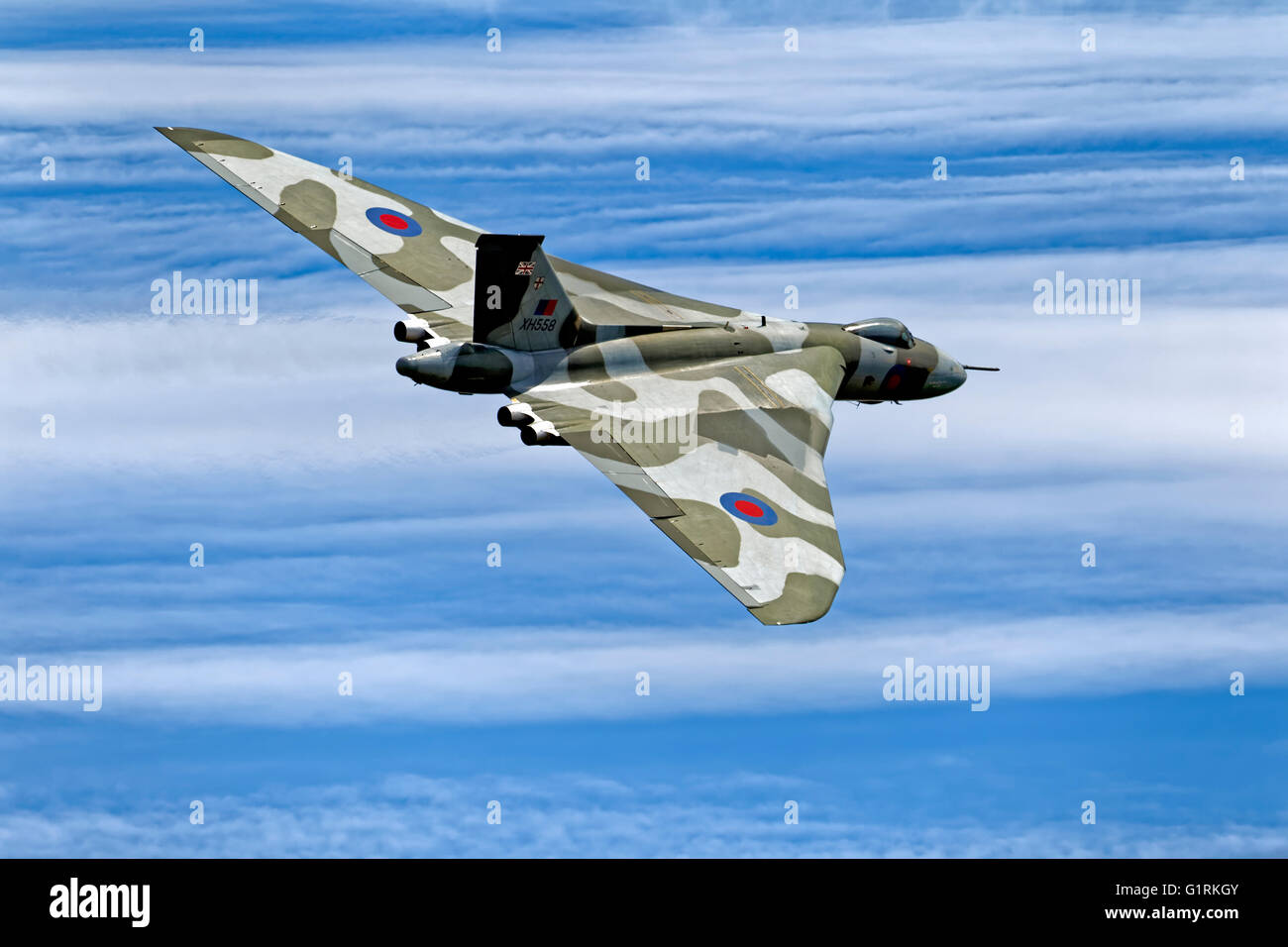 Avro Vulcan B.2 Delta Wing Subsonic V- Bomber XH558 G-VLCN 'The Spirit of Great Britain'. Stock Photo