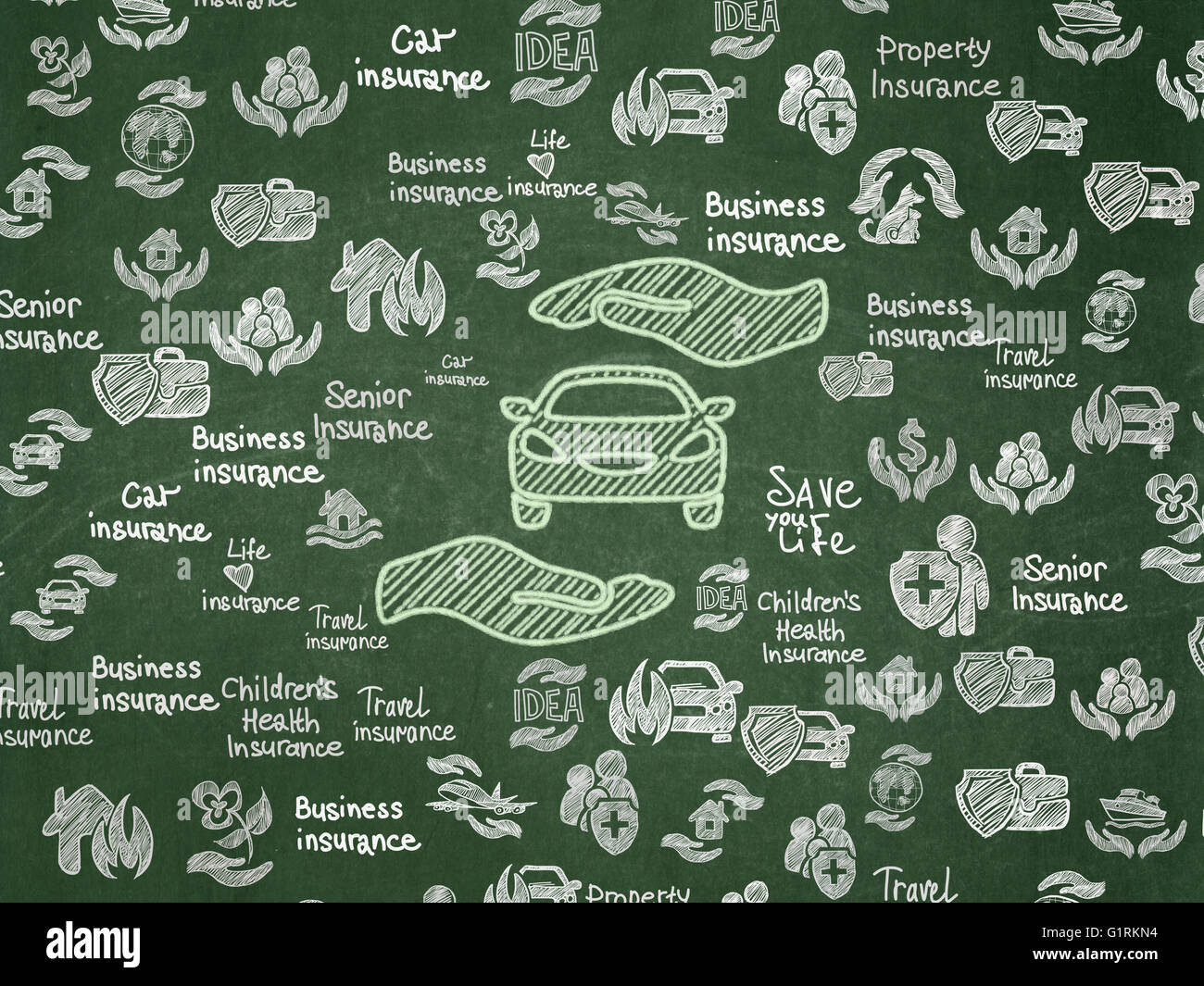 Insurance concept: Chalk Green Car And Palm icon on School board ...