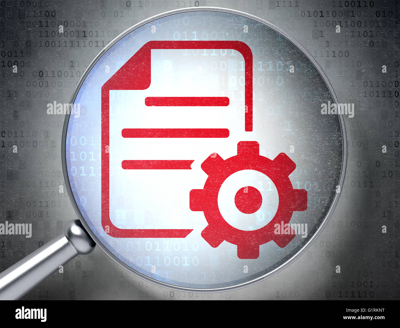 Database concept: Gear with optical glass on digital background Stock ...