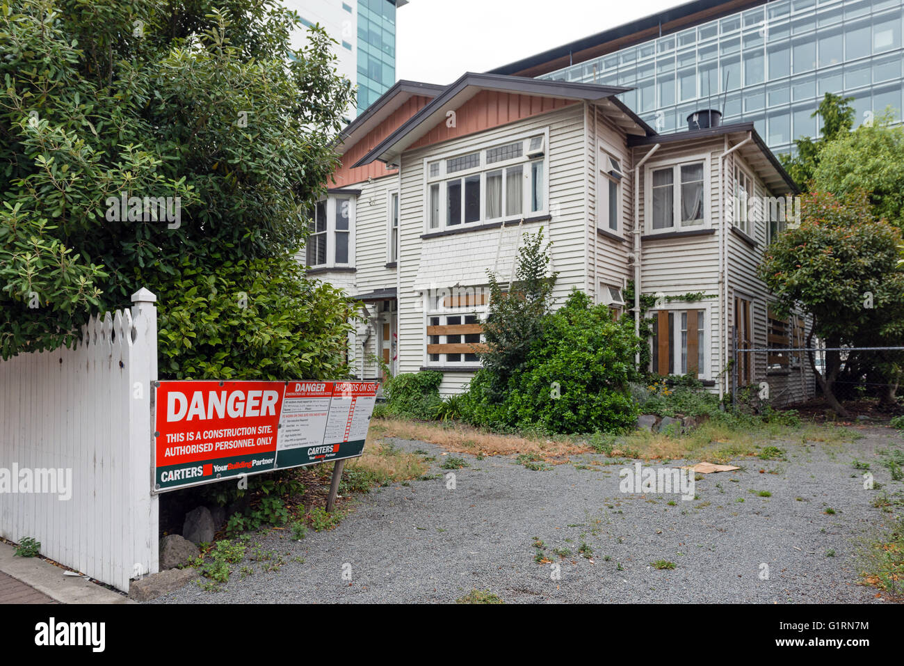 CHRISTCHURCH, NZ - JAN 16 2016: Building damaged by earthquake in Christchurch. Over 1000 buildings in the CBD, were demolished. Stock Photo