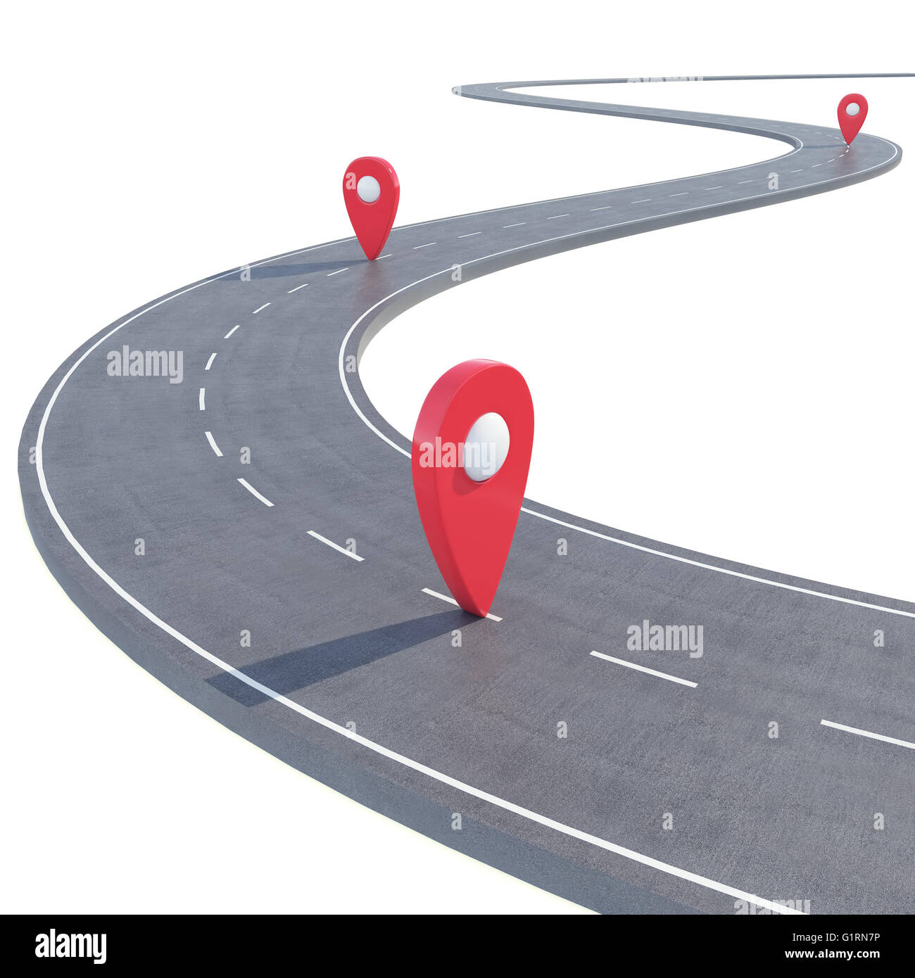 Road path going forward on white background with pin pointer. 3d illustration Stock Photo