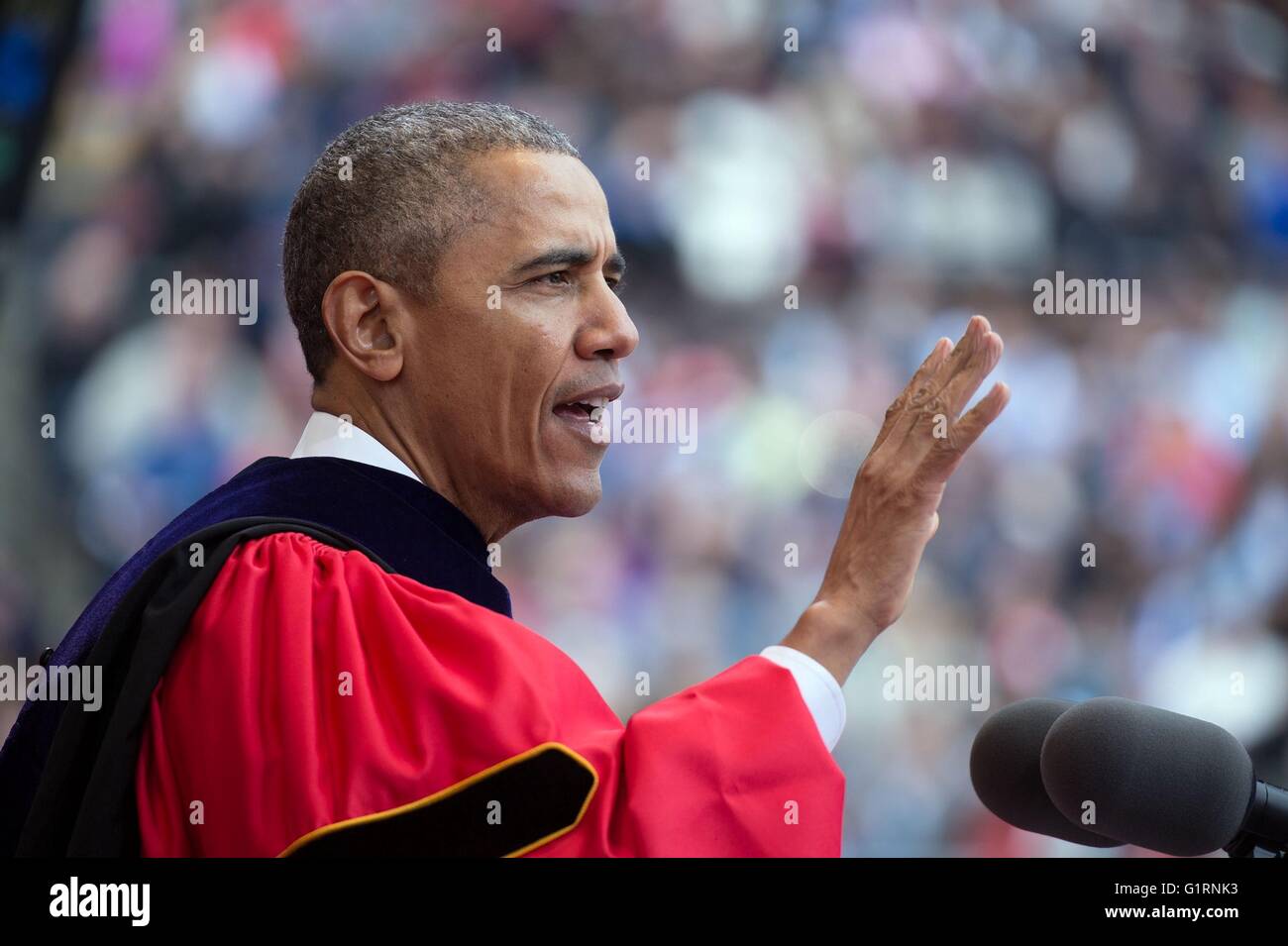U.S President Barack Obama delivers the commencement address at Rutgers University May 15, 2016 in New Brunswick, New Jersey. Stock Photo