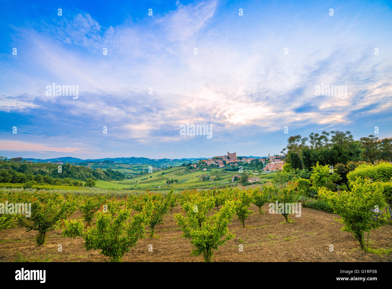 panorama of cultivated fields on the hills of Emilia Romagna dominated by Malatestian Castle, medieval fortress dating back to 1200 AD, of Longiano, Italy Stock Photo
