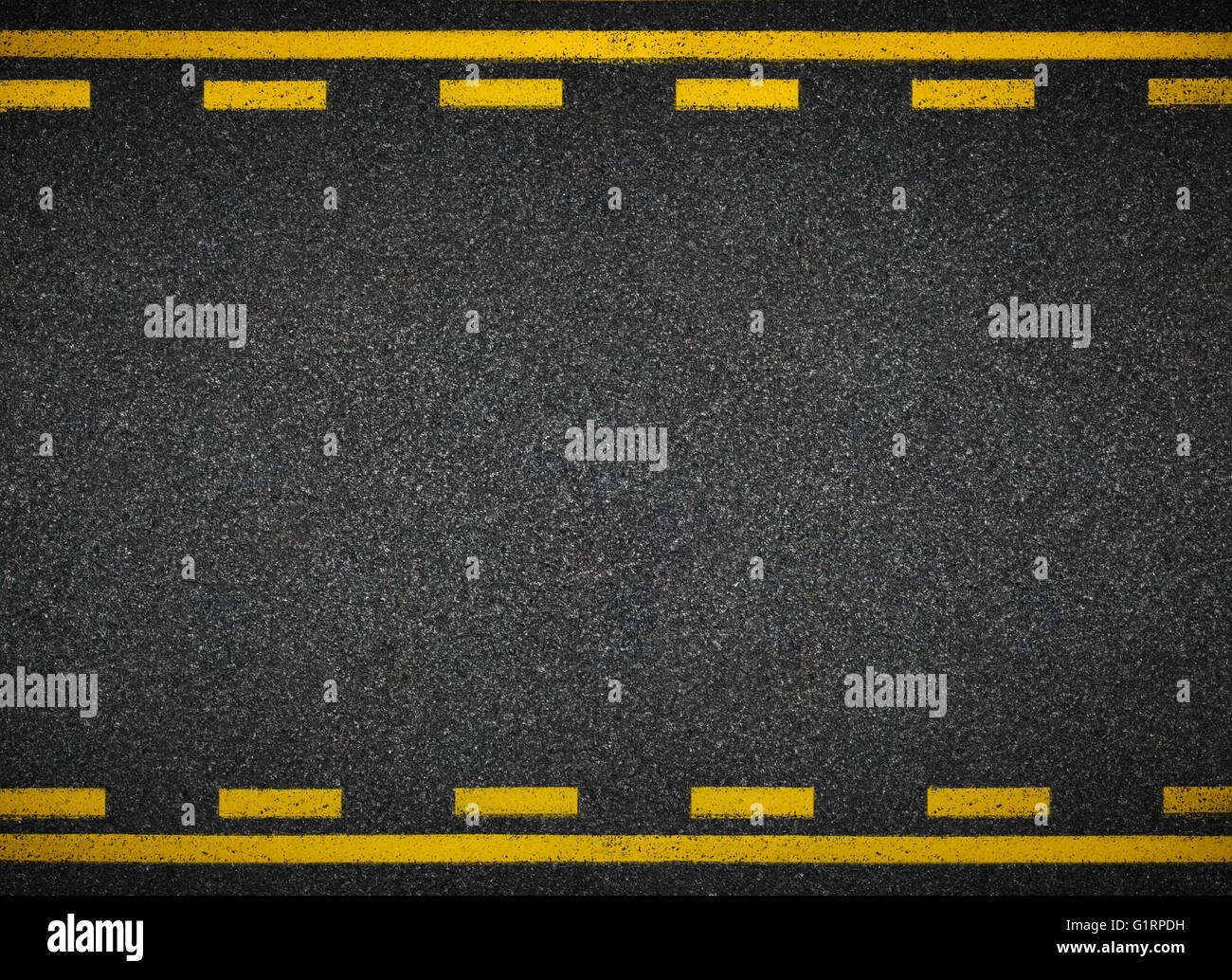 Road top view. Asphalt highway yellow line marks. Stock Photo